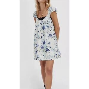 Free People Wildflower Printed Mini Dress S Porcelain Combo Linen Cottagecore